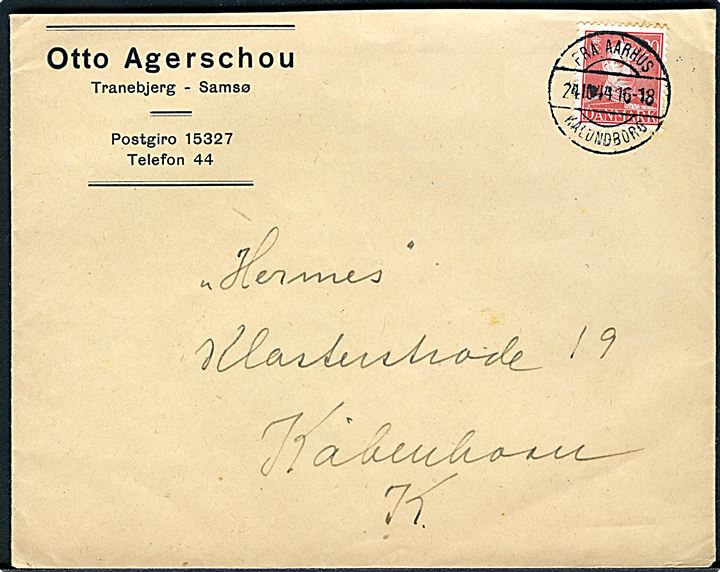 20 øre Chr. X på brev fra Tranebjerg Samsø annulleret med brotype IIc skibsstempel Fra Aarhus Kalundborg d. 24.10.1944 til København.