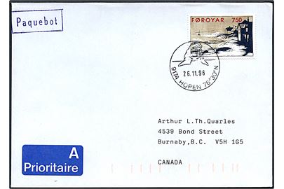 7,50 kr. på luftpostbrev annulleret med norsk særstempel Hopen d. 26.11.1996 og sidestemplet Paquebot til Burnaby, Canada.