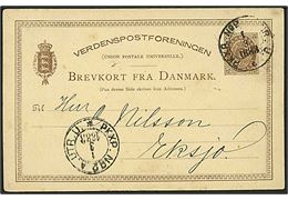 6 øre helsagsbrevkort fra København annulleret med svensk bureaustempel PKXP No. 2 UTR.U. d. 1.3.1883 til Eksjö, Sverige.