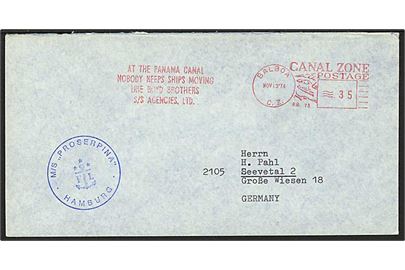 35 c. frankostemplet brev fra Balboa d. 3.11.1974 til Tyskland. Privat skibsstempel M/S Proserpina.