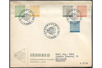 Komplet sæt Stockholmia 1955 udg. på FDC stemplet Stockholm d. 1.7.1955 til Hillerød, Danmark.
