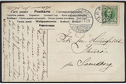 5 øre Fr. VIII på brevkort annulleret med stjernestempel OURE og sidestemplet bureau Nyborg - Svendborg T.29 d. 11.12.1907 til Thurø pr. Svendborg.