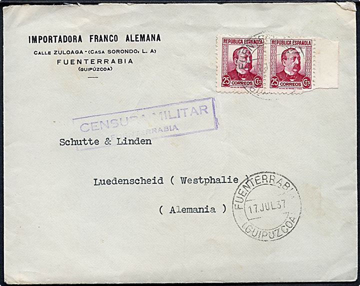 25 cts. i parstykke (ene defekt) på brev fra Fuenterrabia d. 17.7.1937 til Lüdenscheid, Tyskland. Lokal spansk borgerkrigscensur fra Fuenterrabia.