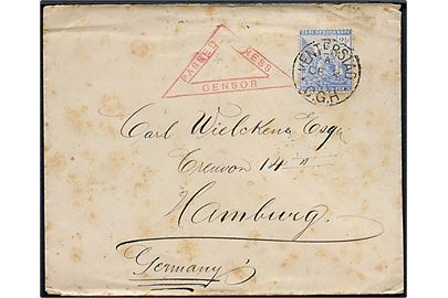 2½d på brev fra Venderstad C.G.H. d. 2.12.1901 til Hamburg, Tyskland. Rødt censurstempel Passed Press Censor. Ank.stemplet i Hamburg d. 23.12.1901.