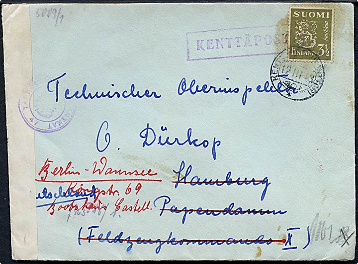 3½ mk. Løve på feltpostbrev med rammestempel Kenntäpostti stemplet Kenttäpostikonttori d. 12.3.1943 til Flugzeugkommando X i Hamburg, Tyskland - eftersendt til Berlin. Åbnet af både finsk og tysk censur. 