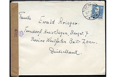 40 øre Chr. X single på brev fra Løjt Kirkeby d. 12.12.1949 til Ferndorf, Tyskland. Åbnet af britisk censur/valutakontrol no. 4702.