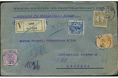 2 öre (defekt), 4 öre Tre Kroner, 20 öre og 40 öre Gustaf på 66 öre frankeret værdibrev fra Lund d. 20.4.1919 til Leipzig, Tyskland.