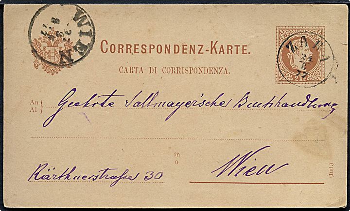 2 kr. helsagsbrevkort stemplet Zara d. 24.8.1877 til Wien. 