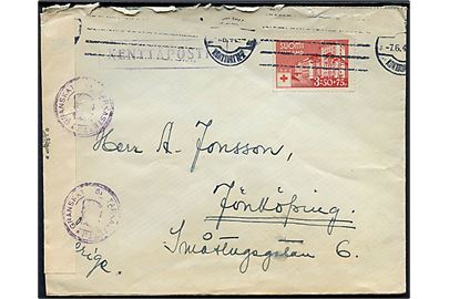 3,50 mk. + 75 pen. Røde Kors udg. på feltpostbrev annulleret Kenttäposti Konttori No. 2 d. 7.6.1944 til Jönköping, Sverige. Åbnet af finsk censur. 