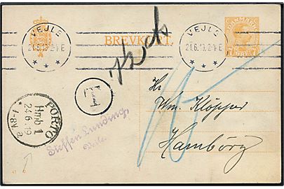 7 øre Chr. X helsagsbrevkort (fabr. 47-C) sendt underfrankeret fra Vejle d. 21.6.1919 til Hamburg, Tyskland. Sort dansk T-stempel og påskrevet 7½ cts. Udtakseret i 10 pfg. tysk porto med stempel PORTO Hmb. d. 24.6.1919.