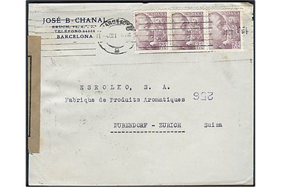 25 cts. Franco (3) på brev fra Barcelona d. 4.10.1945 til Zürich, Schweiz. Åbnet af spansk censur i Barcelona.
