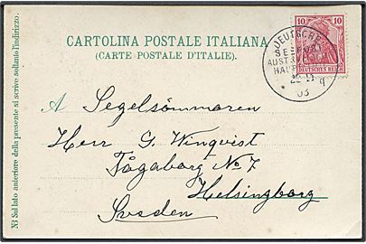 10 pfg. Germania på brevkort (Napoli med vulkan) annulleret med skibsstempel Deutsche Seepost Australischer Hauptlinie g d. 22.11.1903 til Helsingborg, Sverige.