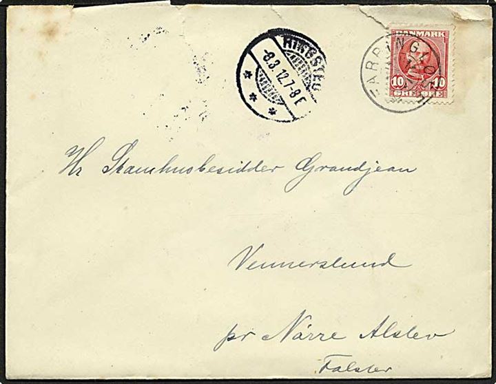 10 øre Fr. VIII på brev annulleret med stjernestempel FARRINGLØSE og sidestemplet Ringsted d. 8.3.1912 til Nr. Alslev.