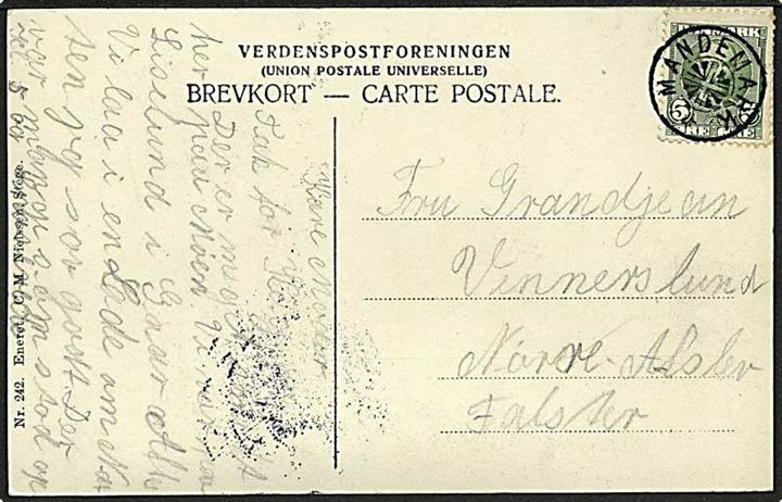 5 øre Fr. VIII på brevkort annulleret med stjernestempel MANDEMARK til Nr. Alslev.På bagsiden ank.stemplet Nørre Alslev d. 3.6.1912.