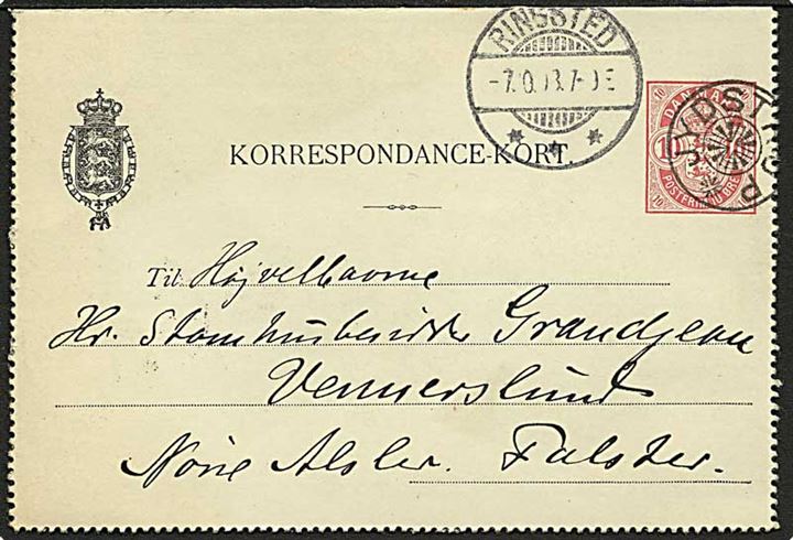 10 øre Våben helsagskorrespondancekort annulleret med stjernestempel JYDSTRUP og sidestemplet Ringsted d. 7.10.1903 til Nr. Alslev.