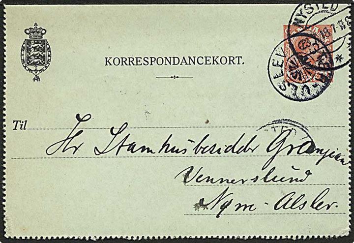 10 øre korrespondancekort annulleret med stjernestempel ØSTER-ULSLEV og sidestemplet Nysted d. 23.7.1918 til Nr. Alslev.