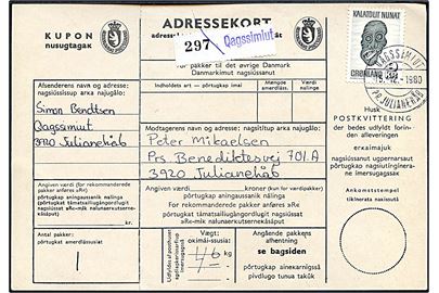 9 kr. Maske single på adressekort for pakke annulleret med pr.-stempel Qagssimiut pr. Julianehåb d. 15.12.1980 til Julianehåb.
