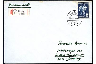 8 kr. Træfigurer single på anbefalet brev fra Kap Tobin d. 28.11.1980 til München, Tyskland. Blanko rec.-etiket med håndskrevet Kap Tobin.