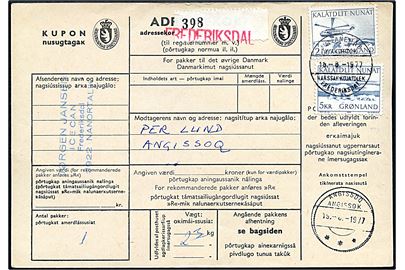 2 kr. Helikopter og 5 kr. Isbjørn på adressekort annulleret med 2-sproget stempel Julianehåb / Frederiksdal d. 18.8.1977 til Angissoq.