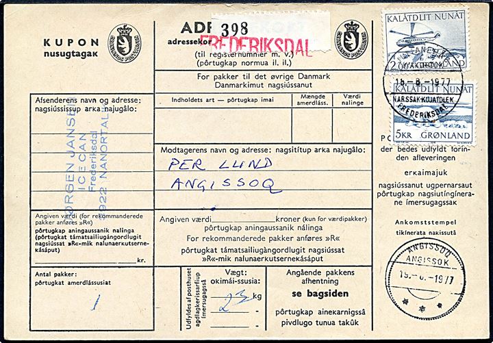 2 kr. Helikopter og 5 kr. Isbjørn på adressekort annulleret med 2-sproget stempel Julianehåb / Frederiksdal d. 18.8.1977 til Angissoq.