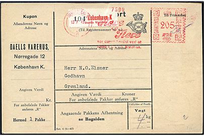 205 øre firmafranko på adressekort for pakke fra Daells Varehus i København d. 13.7.1949 til Godhavn, Grønland.