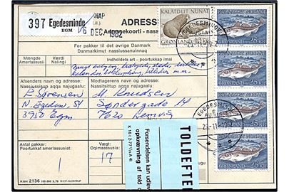 10 kr. Hvalros og 25 kr. Torsk (4) på adressekort for pakke fra Egedesminde d. 19.11.1982 til Lemvig.
