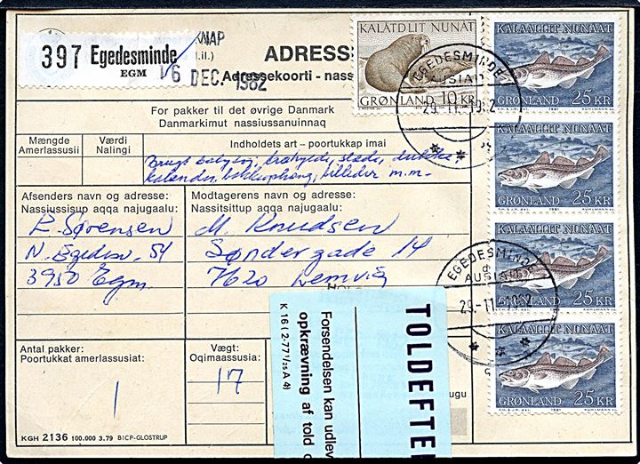 10 kr. Hvalros og 25 kr. Torsk (4) på adressekort for pakke fra Egedesminde d. 19.11.1982 til Lemvig.
