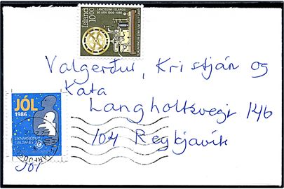 10 kr. Telefrafi og Tjaldanes Lions Club julemærke 1986 på brev fra Hafnarfjördur d. 22.12.1986 til Reykjavik.