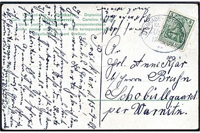 5 pfg. Germania på brevkort dateret i Posekjär annulleret med bureaustempel Apenrade - Rothenkrug Bahnpost Zug 877 d. 17.4.1909 til Warnitz. 