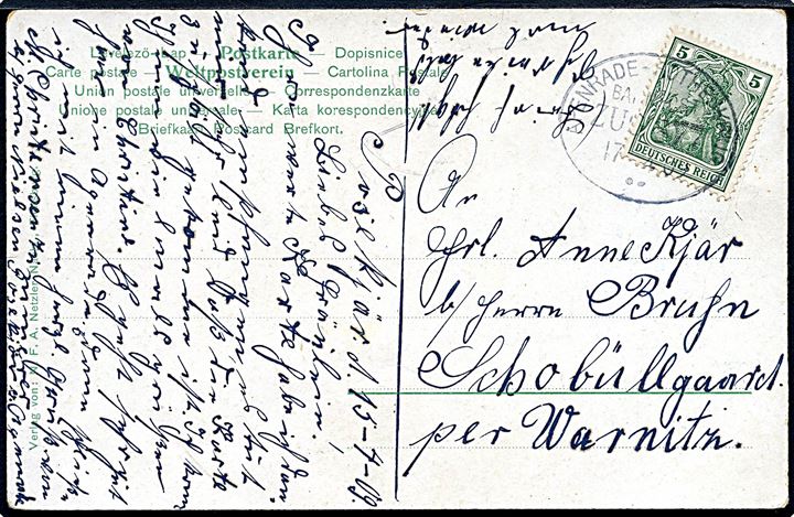 5 pfg. Germania på brevkort dateret i Posekjär annulleret med bureaustempel Apenrade - Rothenkrug Bahnpost Zug 877 d. 17.4.1909 til Warnitz. 