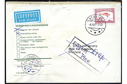 1,60 kr. Flyvning på luftpostbrev fra Herning d. 8.10.1981 til Færingehavn, Grønland. Returneret som ubekendt med stempel Færingehavn d. 22.10.1981. Lukket med tape.