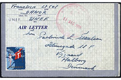 Ufrankeret UNEF Air Letter med indhold dateret i Gaza stemplet United Nations Emergency Force d. 11.12.1959 til Aalborg. Påsat dansk Julemærke 1959.