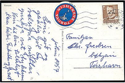 20 øre Fr. IX og Føroya Barnaheim mærkat på lokalt brevkort i Thorshavn d. 23.12.1957.
