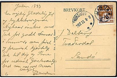10 øre Bølgelinie på brevkort (Vaag på Suderø) annulleret med udslebet stjernestempel MIDVAAG og sidestemplet brotype IIIc Thorshavn d. 20.12.1933 til Sandø.