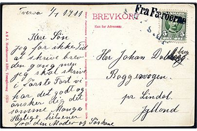 5 øre Fr. VIII på brevkort (Kirke i Trangisvaag) dateret Tveraa d. 1-7-1911 og annulleret med skibsstempel Fra Færöerne til Sindal, Danmark.