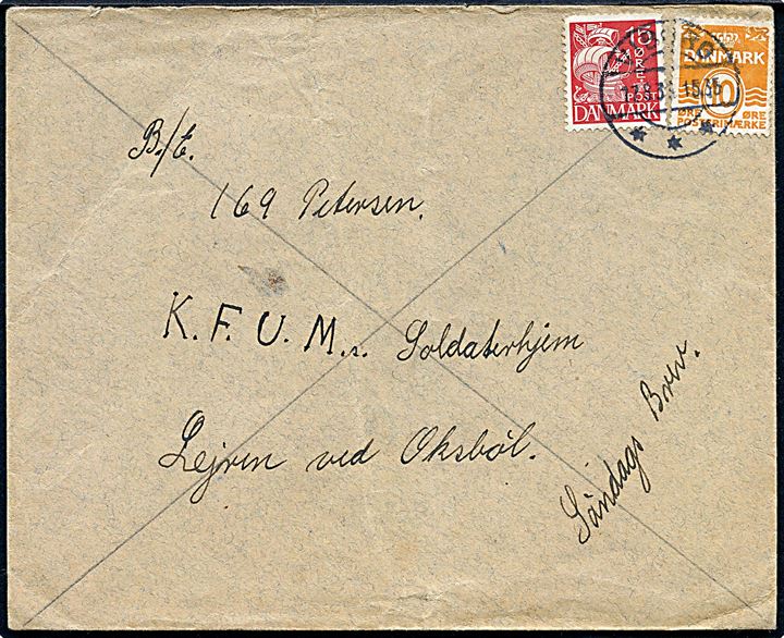10 øre Bølgelinie og 15 øre Karavel på søndagsbrev fra Viborg d. 17.8.1934 til soldat i Oksbøllejren.