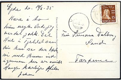 15 øre Holberg på brevkort stemplet Voss d. 19.6.1935 til Sand, Færøerne. 