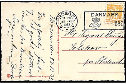 10 øre Bølgelinie annulleret med posthusfranko stempel uden valør i Horsens d. 22.12.1933 til Hedensted. Stempel benyttet som reservestempel i juleperioden.