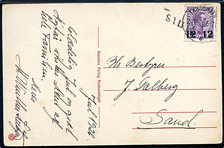 12/15 øre Provisorium på brevkort stemplet Thorshavn d. 24.12.1926 til Sand.