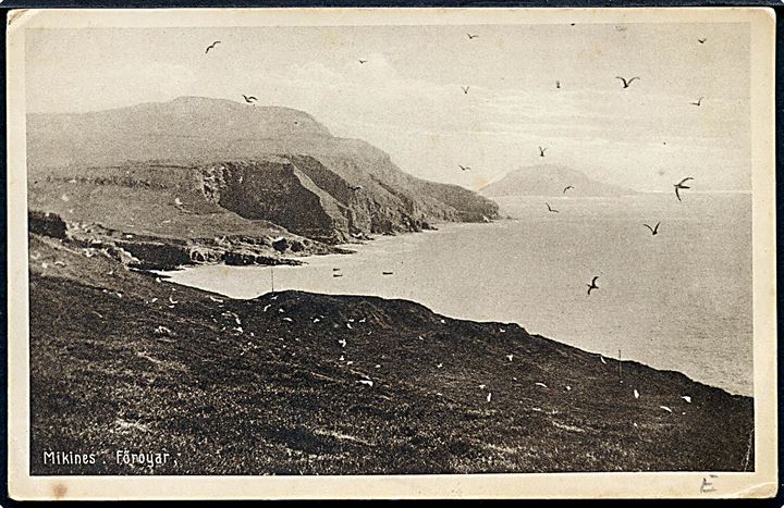 15 øre Chr. X på brevkort (Mykinæs, Færøerne) annulleret Thorshavn d. 2.1.1922 til Sand.