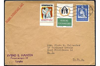 60 øre Fr. IX 60 år, samt både Verdensflygtningeåret og Kiropraktik mærkater, på brev fra Lyngby d. 22.3.1960 til East Providence, USA.