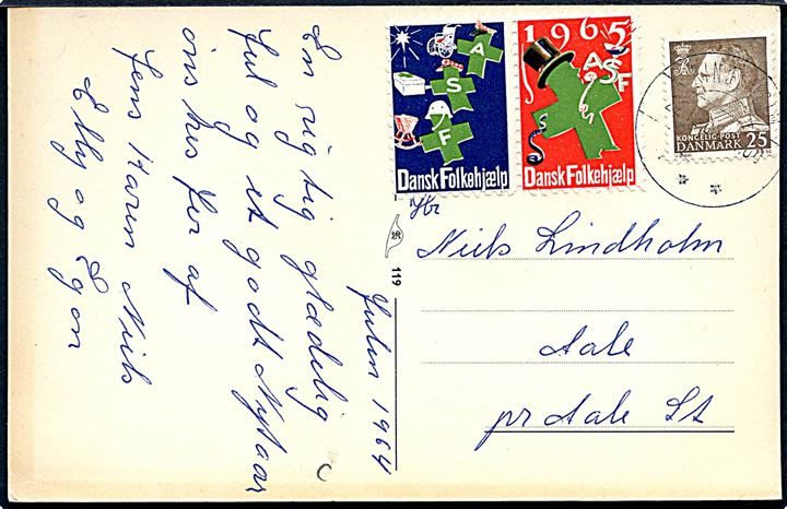25 øre Fr. IX og Dansk Folkehjælp julemærke 1965 i parstykke på julekort fra Rindsholm d. 22.12.1965 til Aale.