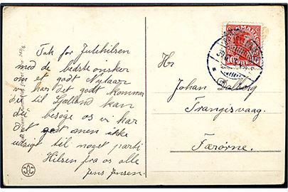 10 øre Chr. X på nytårskort annulleret brotype Ia Skjellebjærg d. 30.12.1919 til Trangisvaag, Færøerne.