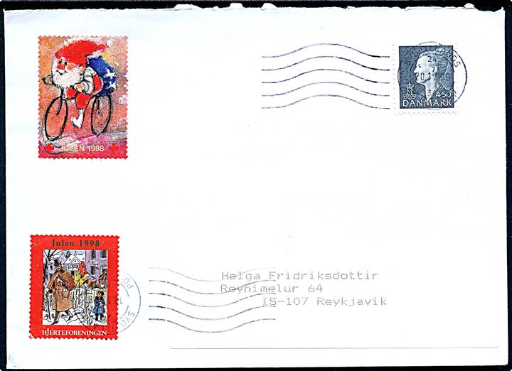 450 øre Margrethe og både Hjerteforeningen og Røde Kors Julemærke 1998 på brev annulleret Sydjyllands Postcenter d. 20.12.1998 til Reykjavik, Island. Bagklap mgl.
