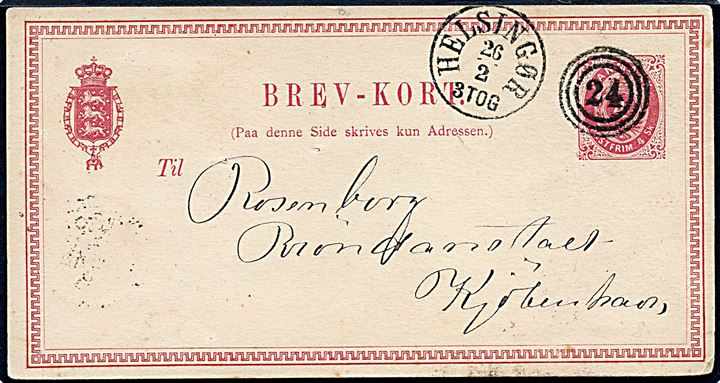 4 sk. helsagsbrevkort annulleret med nr.stempel 24 og sidestemplet antiqua Helsingør d. 26.2.1872 til Kjøbenhavn.