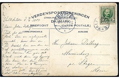 5 øre Fr. VIII på brevkort annulleret med stjernestempel VALLEKILDE og sidestemplet Hørve d. 7.6.1907 til Stege.