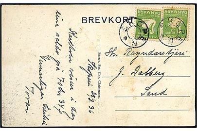 5 øre H. C. Andersen (2) på brevkort (Partier fra Skopen, Sandø) dateret d. 28.3.1936 og annulleret med udslebet stjernestempel SKOPEN til Sand.