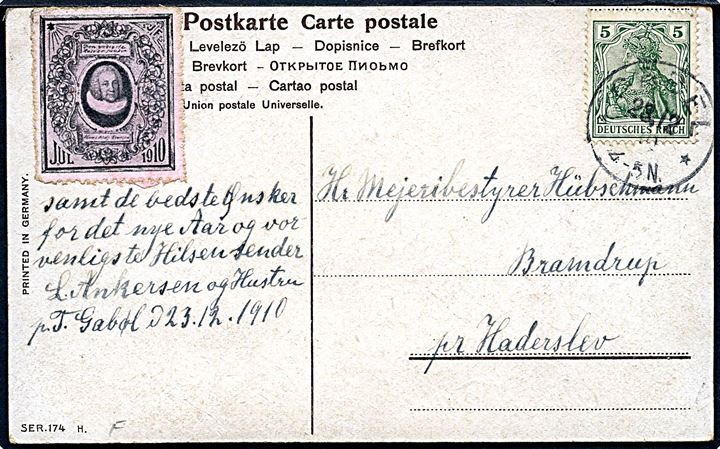 5 pfg. Germania på julekort med Jernfonden Julemærke 1910 annulleret Gabel d. 23.12.1910 til Haderslev.