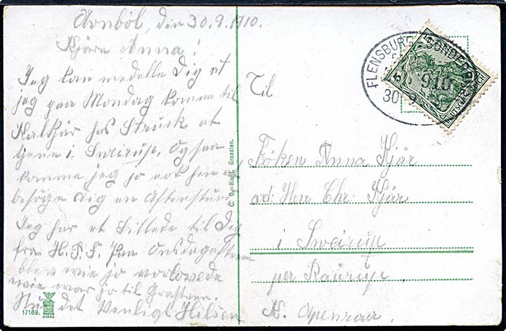 5 pfg. Germania på brevkort (Danske nationaldragter) fra Avnbøl annulleret med bureaustempel Flensburg - Sonderburg Bahnpost Zug 910 d. 30.7.1910 til Apenrade.