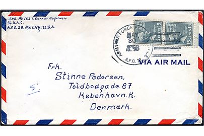 15 cents Buchanan (par) på luftpostbrev stemplet Army-Air Force Postal Service APO 23 (= Thule Air Base) d. 30.5.1958 til København, Danmark.
